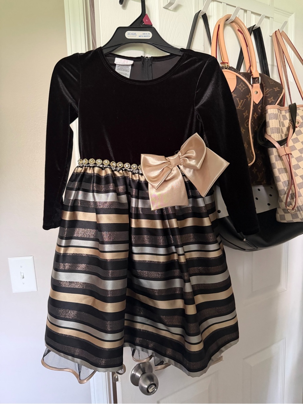 Xhilaration Black and Gold Metallic Stripe Velvet Party Dress for Girls